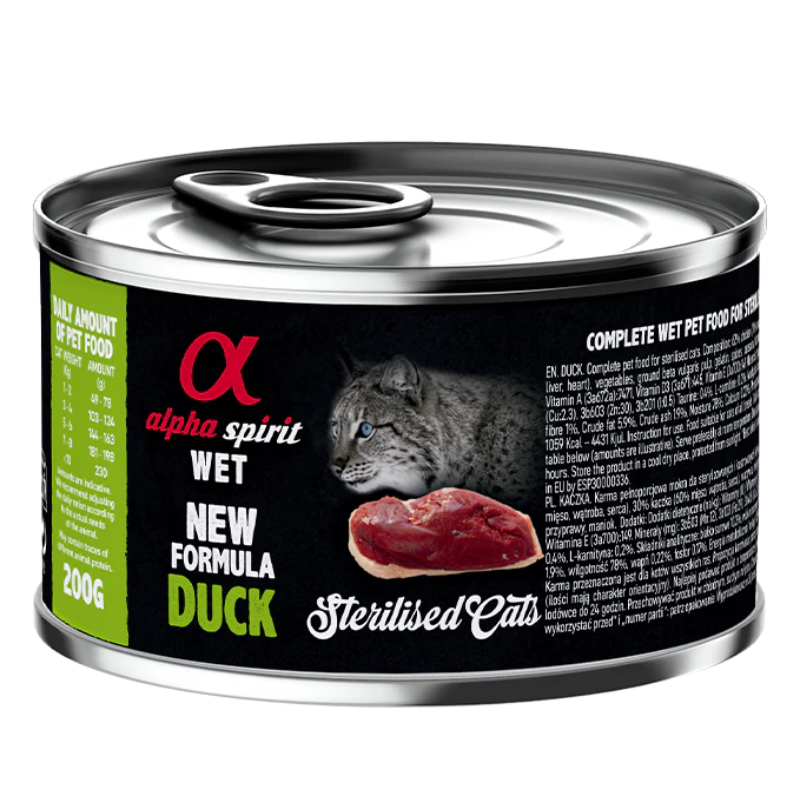 ALPHA SPIRIT GATOS ESTERILIZADOS HUMEDO LATA PATO 6X200 GR