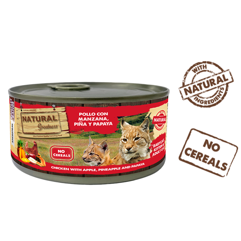 COMIDA HUMEDA GATITOS NATURAL GREATNESS LATA POLLO CON MANZANA 12X185 GRAMOS