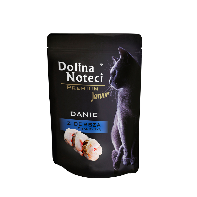 COMIDA HUMEDA GATOS JUNIOR DOLINA NOTECI PREMIUM BACALAO Y SARDINAS 6X85 GRAMOS