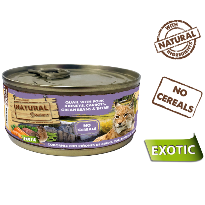 COMIDA HUMEDA GATOS NATURAL GREATNESS LATA CODORNIZ CON RIÑONES DE CERDO 12X185 GRAMOS