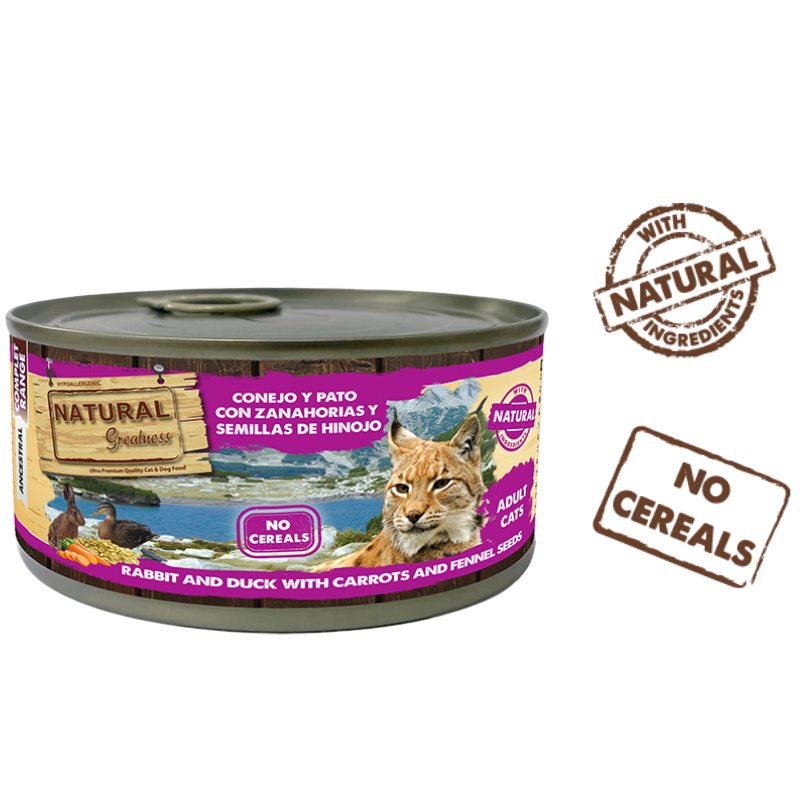 COMIDA HUMEDA GATOS NATURAL GREATNESS LATA CONEJO Y PATO 12X185 GRAMOS