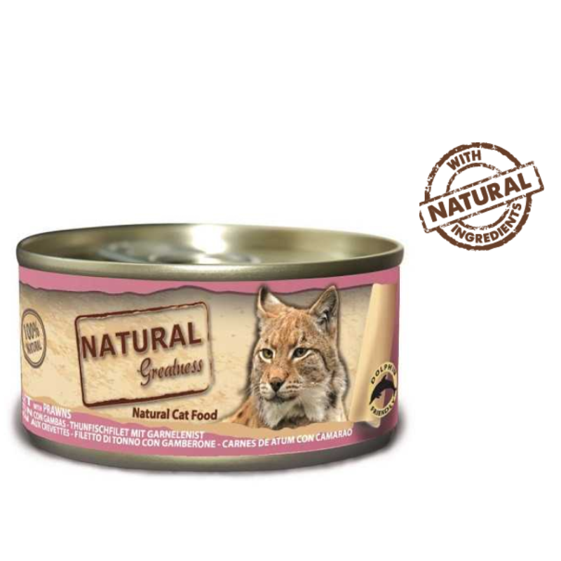 COMIDA HUMEDA GATOS NATURAL GREATNESS LATA FILETE DE ATUN CON GAMBAS 12X70 GRAMOS