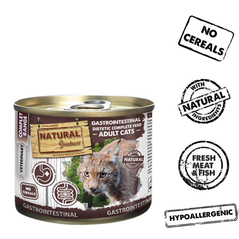 COMIDA HUMEDA GATOS NATURAL GREATNESS LATA GASTROINTESTINAL 6X200 GRAMOS