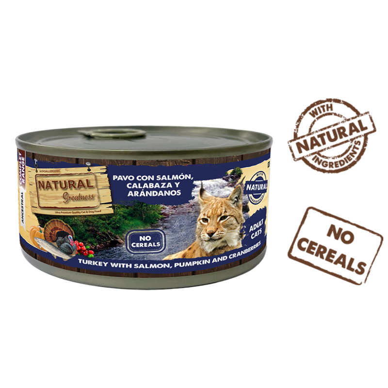 COMIDA HUMEDA GATOS NATURAL GREATNESS LATA PAVO CON SALMON 12X185 GRAMOS