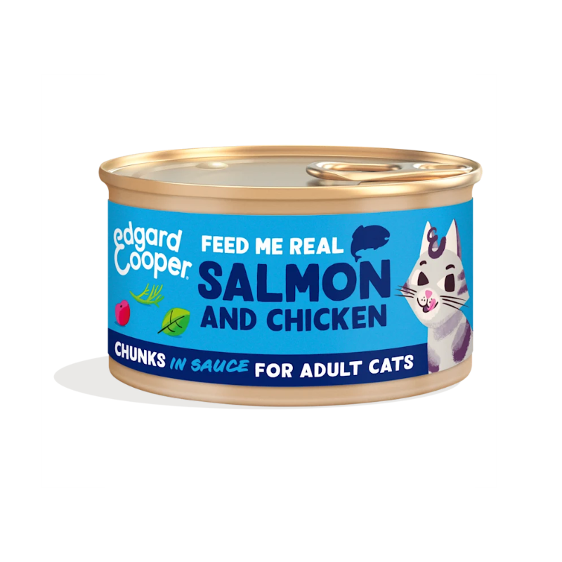 EDGARD COOPER GATOS HUMEDA SALMON Y POLLO TROCITOS EN SALSA 18 X 85 GR