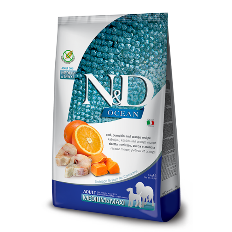 FARMINA ND PERRO OCEAN BACALAO CALABAZA Y NARANJA ADULTO MEDIUM MAXI 12 KG