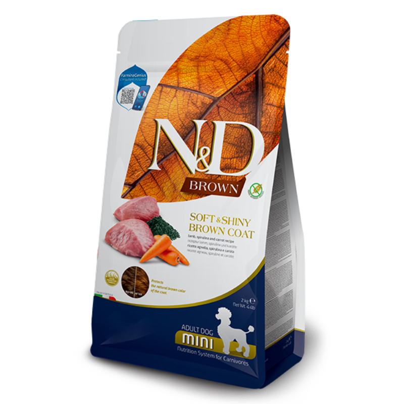 FARMINA ND PERRO PELO MARRON CORDERO ESPIRULINA Y ZANAHORIA ADULT MINI 2 KG