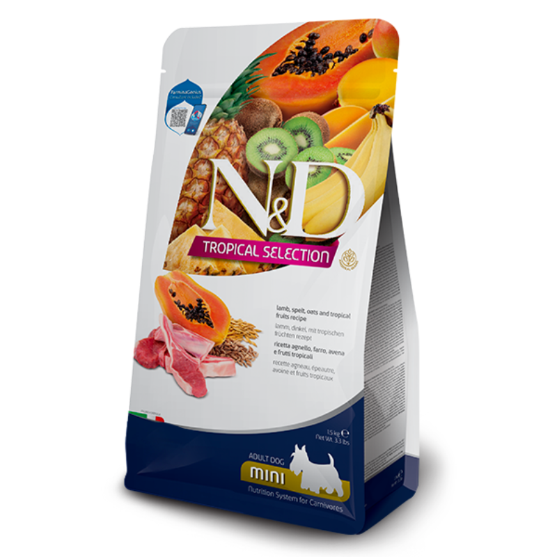 FARMINA ND PERRO TROPICAL SELECTION CORDERO ESPELTA AVENA Y FRUTAS TROPICALES ADULT MINI 1,5 KG