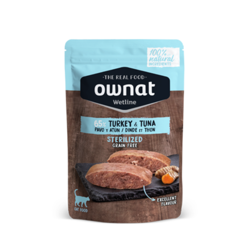 OWNAT COMIDA HUMEDA GATOS ESTERILIZADOS PAVO Y ATUN GRAIN FREE 12 X 85 G