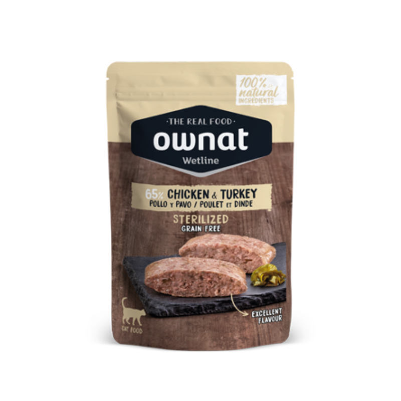 OWNAT COMIDA HUMEDA GATOS ESTERILIZADOS POLLO Y PAVO GRAIN FREE 12 X 85 G