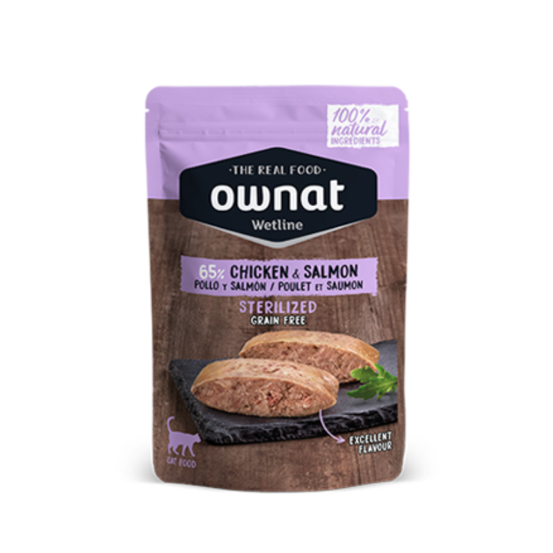 OWNAT COMIDA HUMEDA GATOS ESTERILIZADOS POLLO Y SALMON GRAIN FREE 12 X 85 G