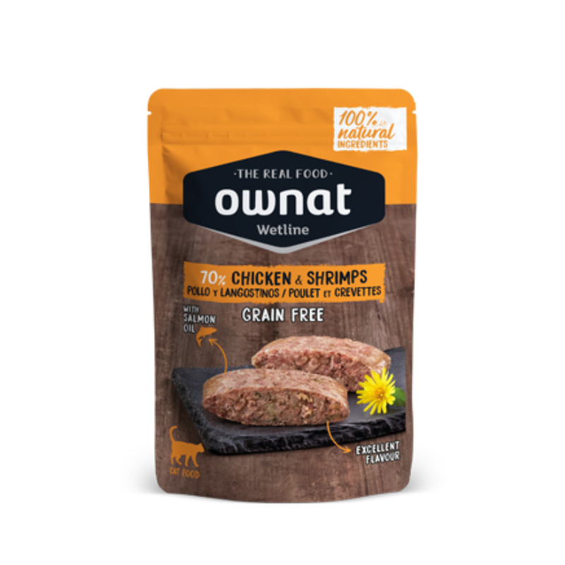 OWNAT COMIDA HUMEDA GATOS POLLO Y LANGOSTINOS GRAIN FREE 12 X 85 G