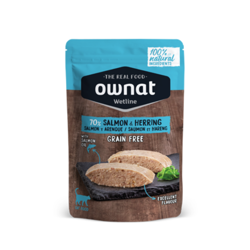 OWNAT COMIDA HUMEDA GATOS SALMON Y ARENQUE GRAIN FREE 12 X 85 G