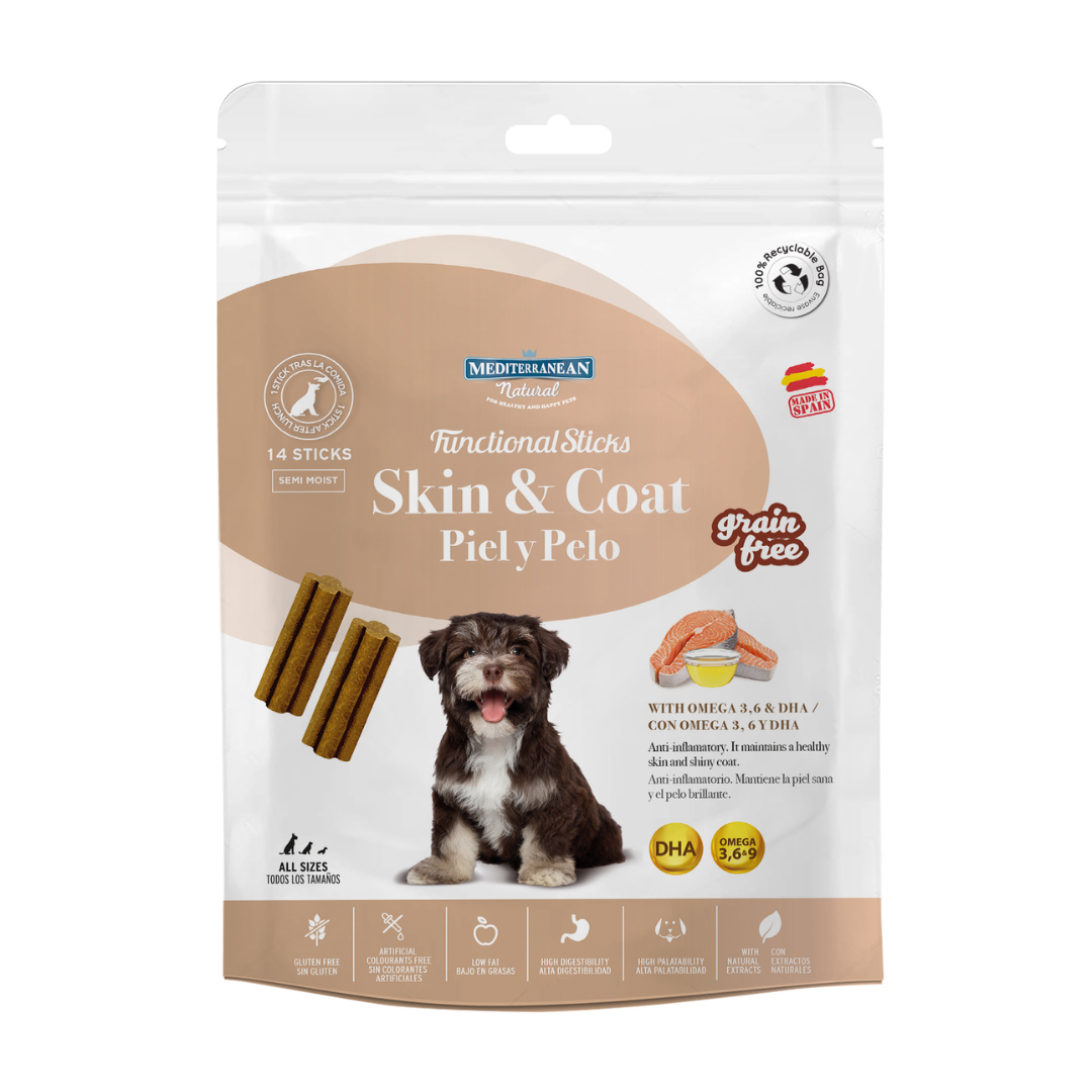 SNACKS PARA PERROS SIN CEREALES PIEL Y PELO MEDITERRANEAN 12 X 110 G