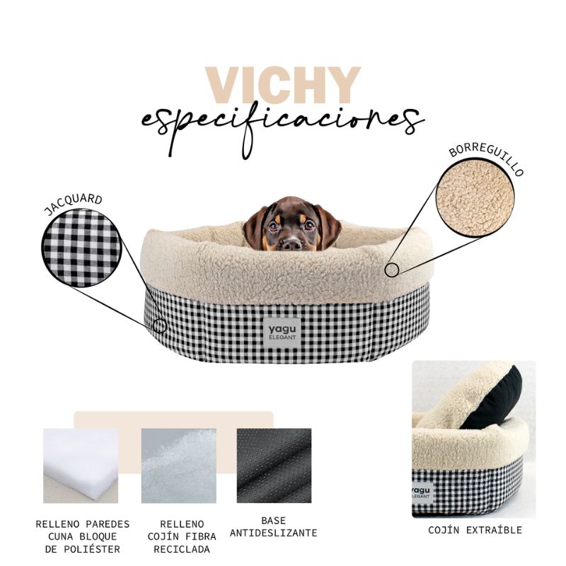 CAMA PERROS REDONDA ROYAL VICHY NEGRO BORREGUILLO YAGU 48 X 48 X 17 CM