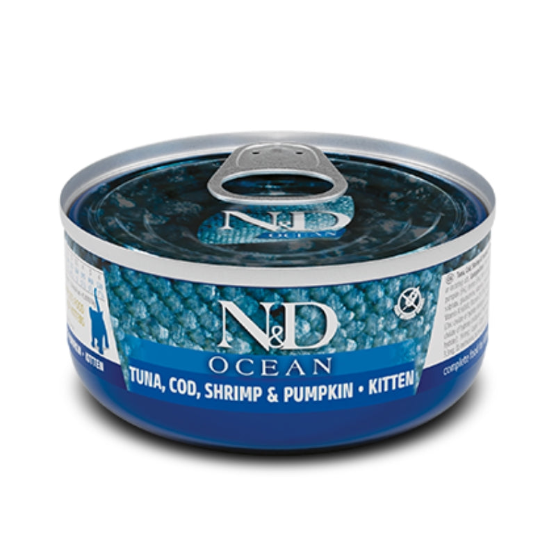 FARMINA KITTEN GATOS ND OCEAN ATUN BACALAO GAMBAS Y CALABAZA 24 X 70 G