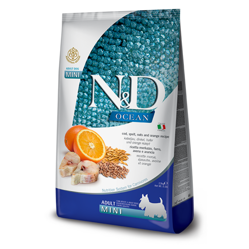 FARMINA ND PERRO OCEAN BACALAO ESPELTA AVENA Y NARANJA ADULTO MINI 2,5 KG