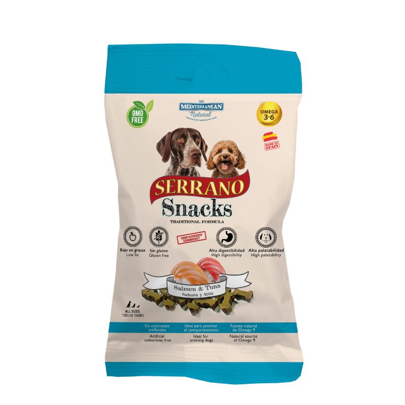SNACKS PARA PERROS SERRANO SALMON Y ATUN 12 X 100 G