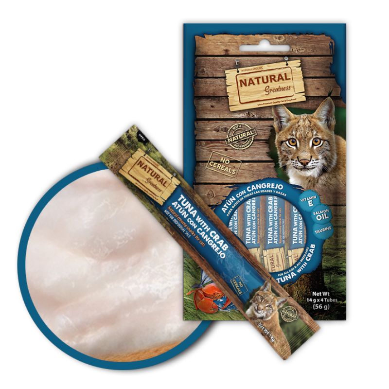 SNACKS CREMOSOS GATOS ATUN Y CANGREJO NATURAL GREATNESS 4 X 14 G