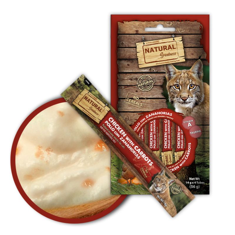 SNACKS CREMOSOS GATOS POLLO CON ZANAHORIAS NATURAL GREATNESS 4 X 14 G
