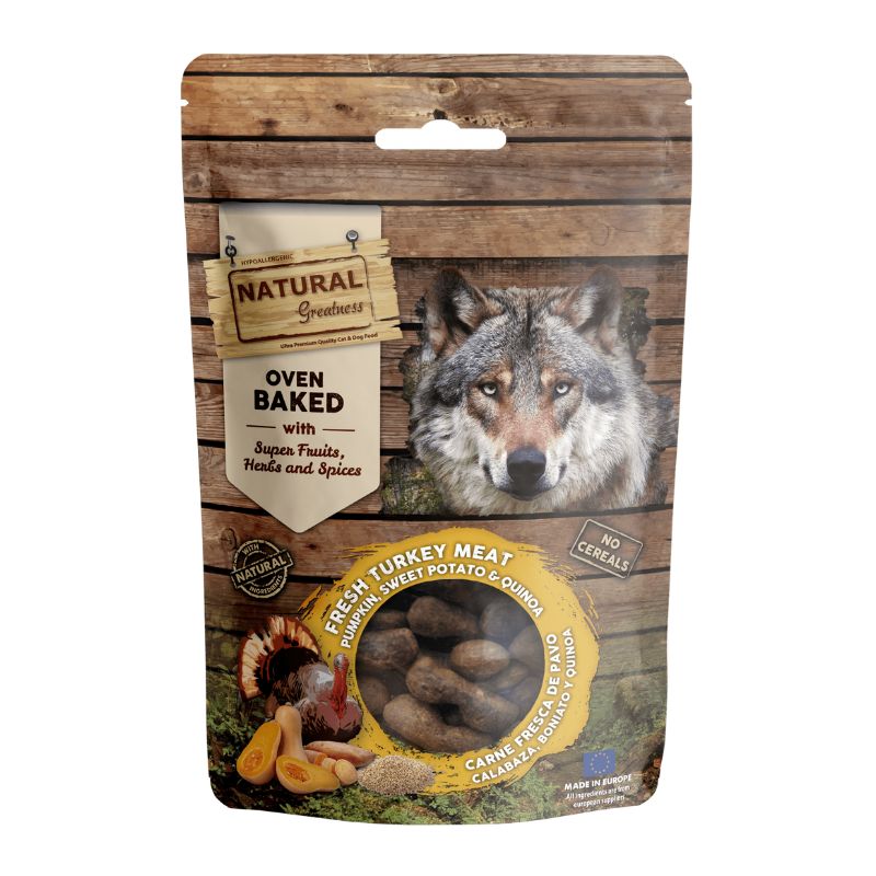 SNACK NATURAL GREATNESS FUNCIONAL PERROS CARNE FRESCA DE PAVO CALABAZA BONIATO Y QUINOA 100 G