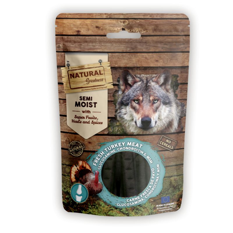 SNACK NATURAL GREATNESS FUNCIONAL PERROS CARNE FRESCA DE PAVO GLUCOSAMINA CONDROITINA Y MSM 150 G