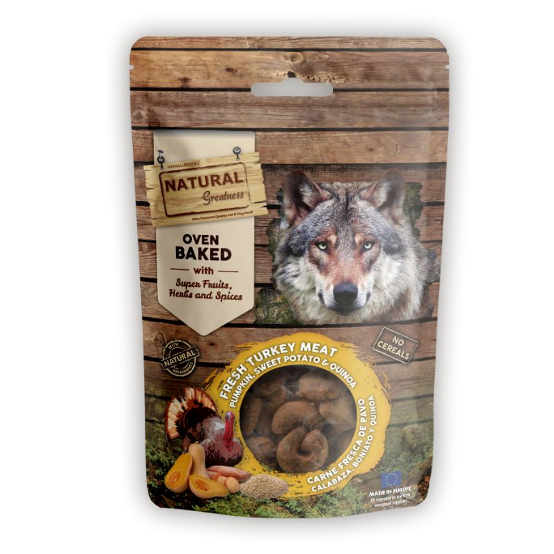 SNACK NATURAL GREATNESS FUNCIONAL PERROS CARNE FRESCA PAVO CALABAZA BONIATO Y QUINOA