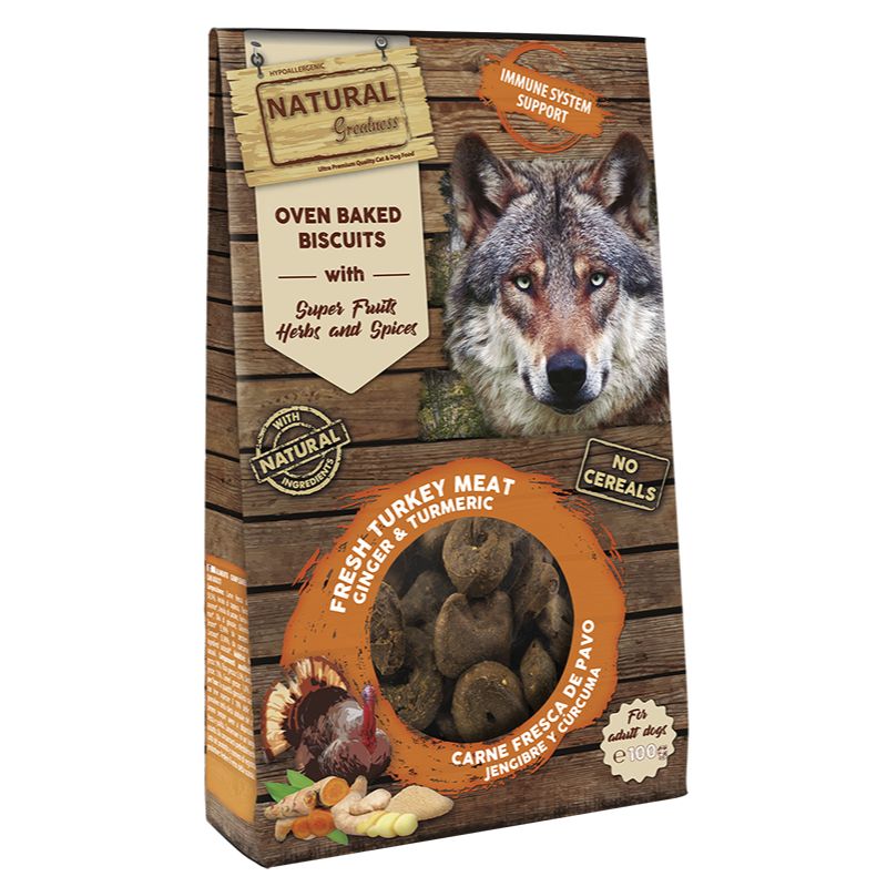 SNACK NATURAL GREATNESS FUNCIONAL PERROS GALLETAS HORNEADAS PAVO JENGIBREY CURCUMA 150 G