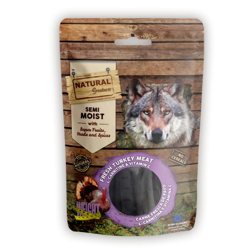 SNACK NATURAL GREATNESS FUNCIONAL PERROS STICKS SEMIHUMEDOS CARNE FRESCA DE PAVO L-CARNITINA Y VITAMINA C 150 G