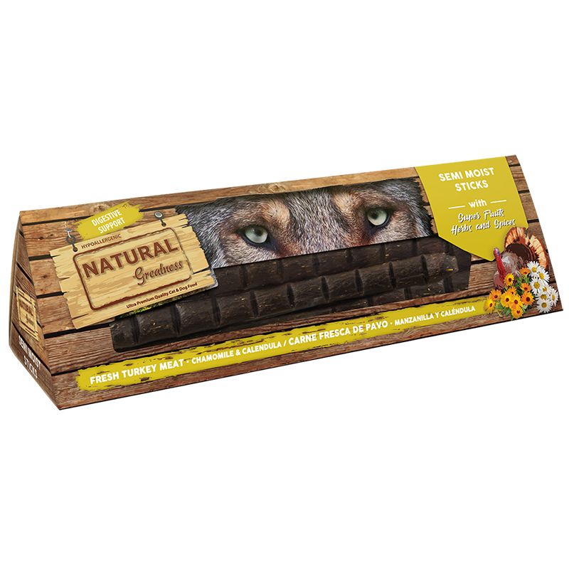 SNACK NATURAL GREATNESS PERROS STICKS SEMIHUMEDOS PAVO MANZANILLA Y CALENDULA 150 G