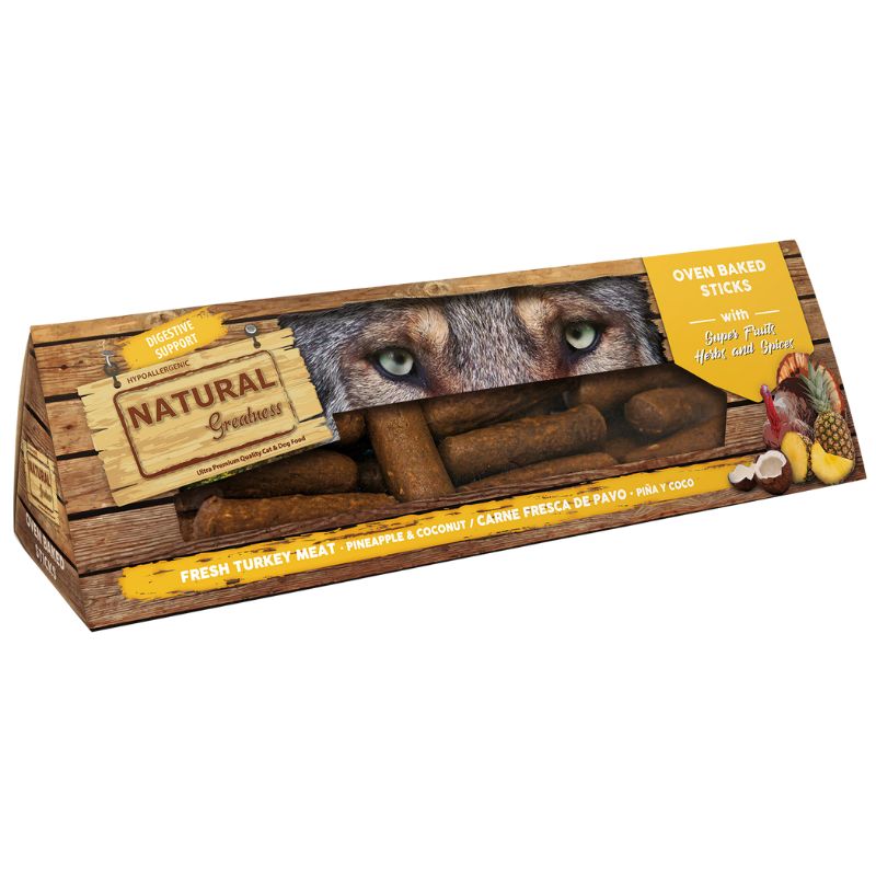 SNACK NATURAL GREATNESS PERROS STICKS SEMIHUMEDOS PAVO PIÑA Y COCO 150 G